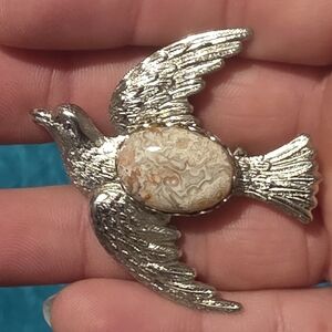 Silver Bird Brooch with Cream Accents